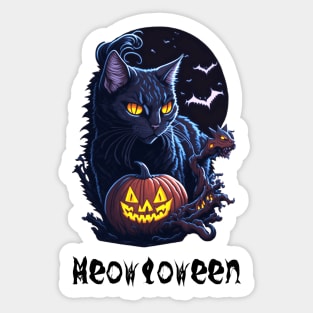 Meowloween Black Cat & Pumpkin - Happy Halloween! Sticker